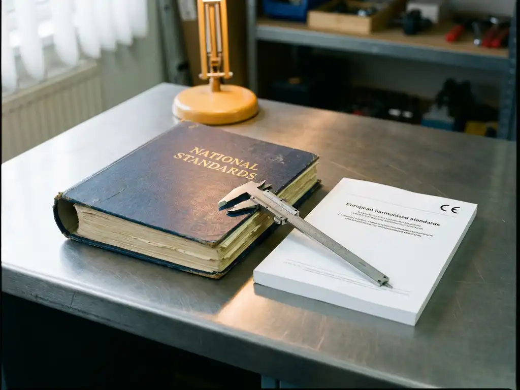 Versleten nationale normenbundel naast een CE-gemarkeerd Europees geharmoniseerd document op stalen bureau, met precisie schuifmaat.