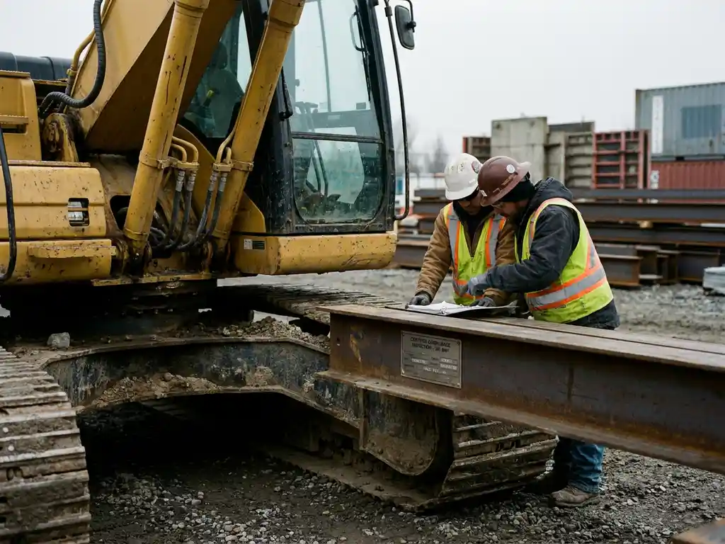 Gele mobiele graafmachine op industriële bouwplaats met zichtbare keuringsplaat, terwijl ingenieurs met helmen technische documentatie bestuderen.