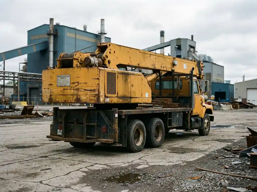 Gele industriële kraanwagen met inspectiecertificaatplaat geparkeerd op betonnen terrein voor staalfabriek.