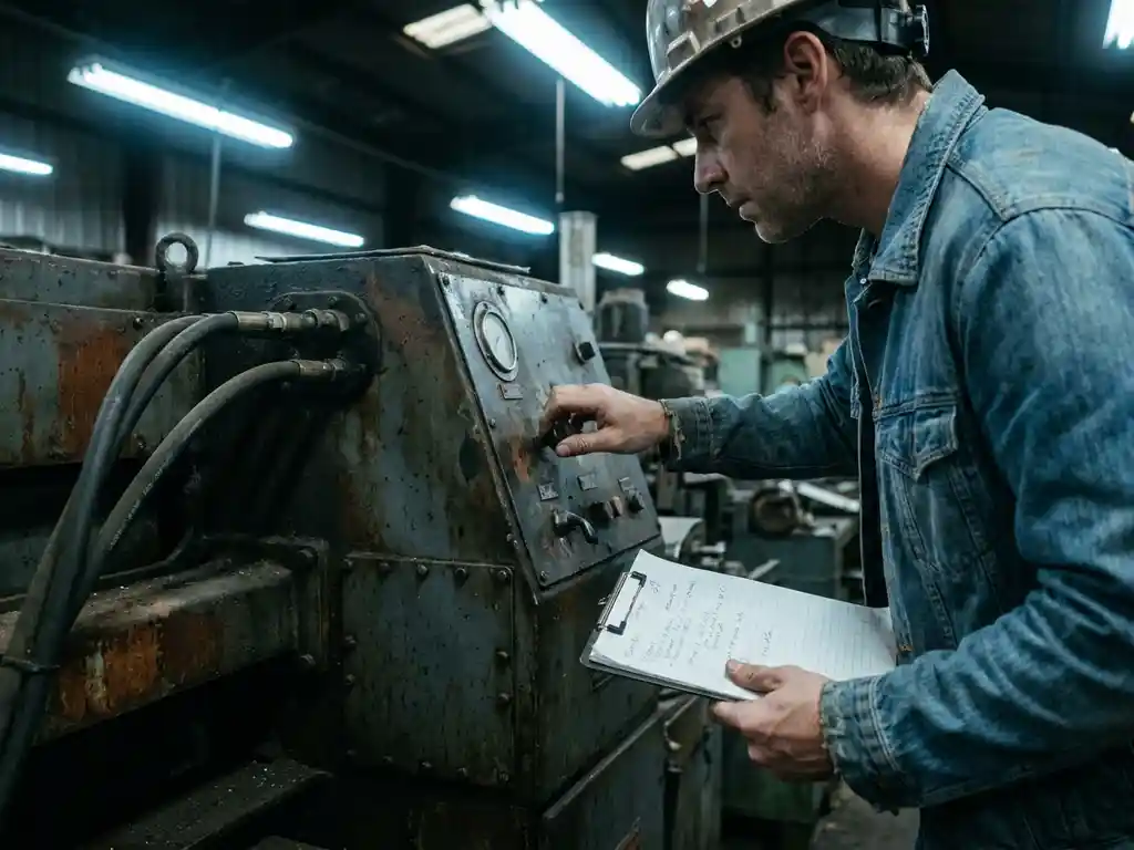 Ingenieur inspecteert verouderde industriële machine uit de jaren 80 met metalen klembord op een schaars verlichte fabriekshal.