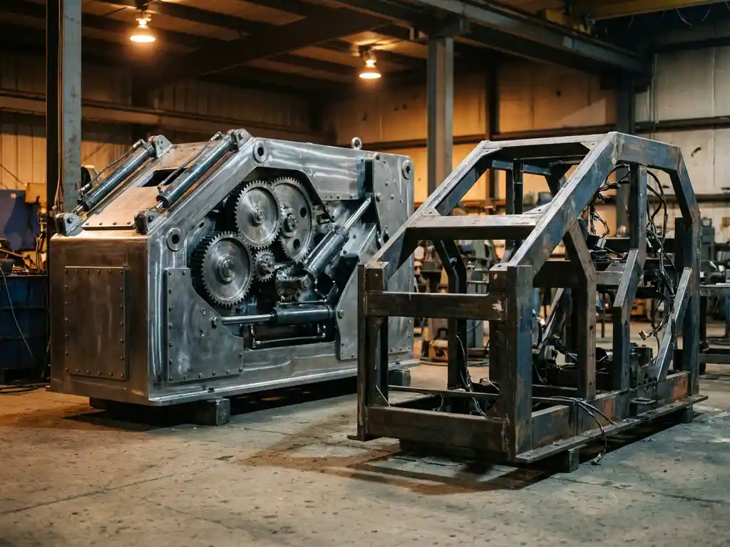 Gepolijste stalen industriële machine met tandwielen en zuigers naast een onafgewerkt mechanisch frame op betonnen fabrieksvloer.