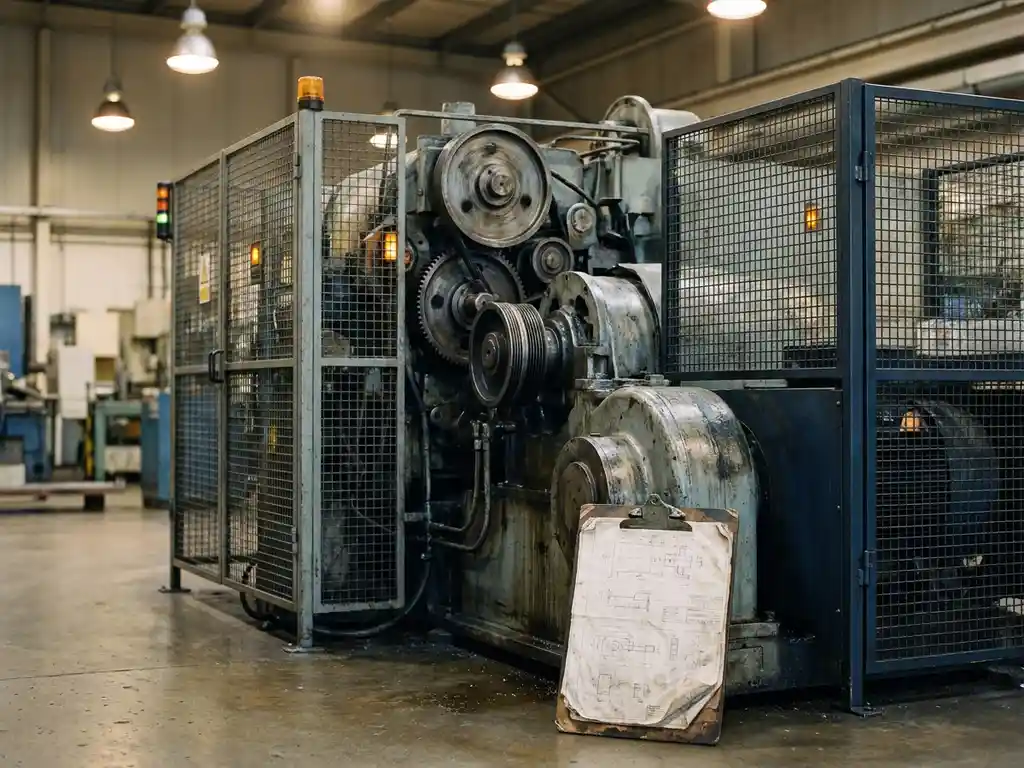 Industriële machine met mechanische onderdelen en veiligheidsbehuizing op fabrieksv­loer, met technische tekeningen op klembord ertegenaan.