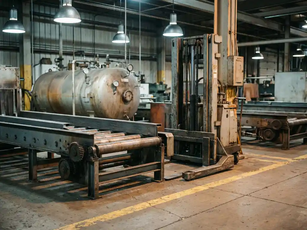 Industriële machines op fabrieksloer: drukvat, hydraulische lift en transporteuronderdelen, één machine symbolisch afgescheiden in staalgrijs en amber licht.