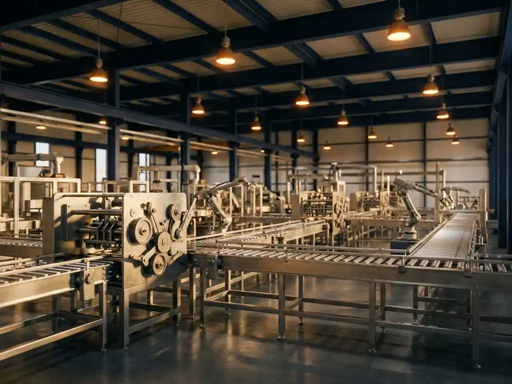 Uitgestrekte industriële productielijn met robotarmen en transportbanden onder warm amberkleurig fabriekslicht.