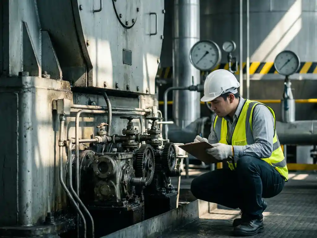 Inkoopengineer met helm inspecteert industriële machine op fabrieksvloer, klembord in hand, stalen leidingen op achtergrond.