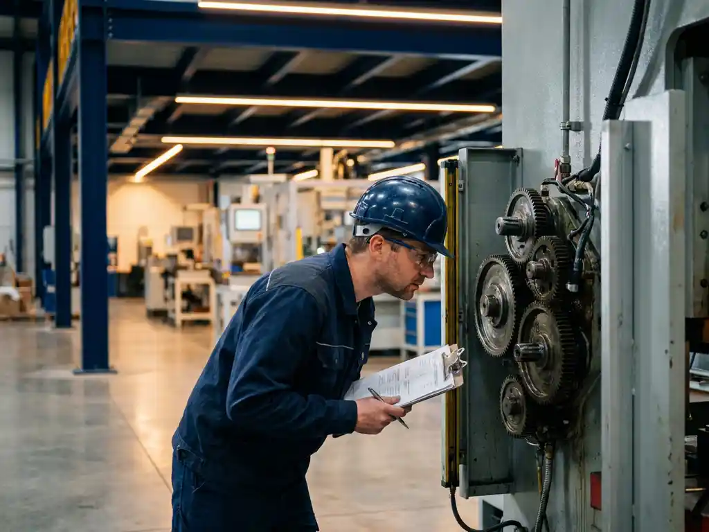 Gecertificeerde inspecteur met helm en klembord onderzoekt industriële machine op moderne fabriekshal vloer.