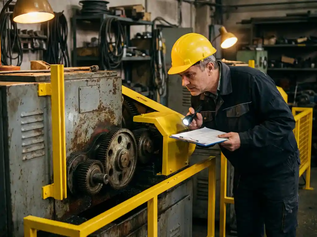 Ingenieur met helm inspecteert verouderde industriële machine met veiligheidsbeugels op fabrieksvloer.