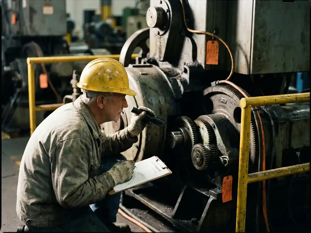 Ingenieur met helm inspecteert industriële machine op fabrieksvloer, klembord in hand, dramatisch zijlicht op stalen onderdelen.