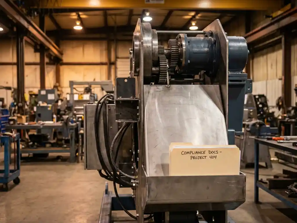 Gedeeltelijk gemonteerde industriële machine op fabrieksvoer met compliancedocumentmap tegen stalen behuizing.