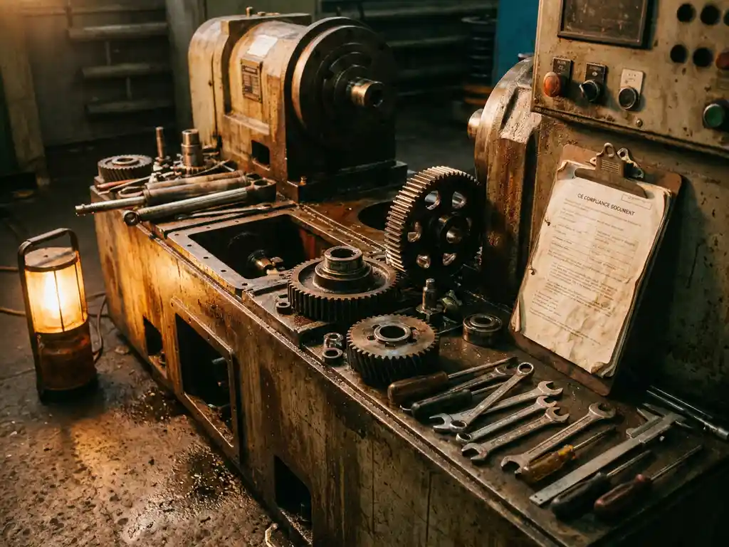 Industriële machine tijdens revisie op fabriekshal, met gedemonteerde tandwielen, hydraulische onderdelen en precisiegereedschap naast een CE-keuringsdocument.