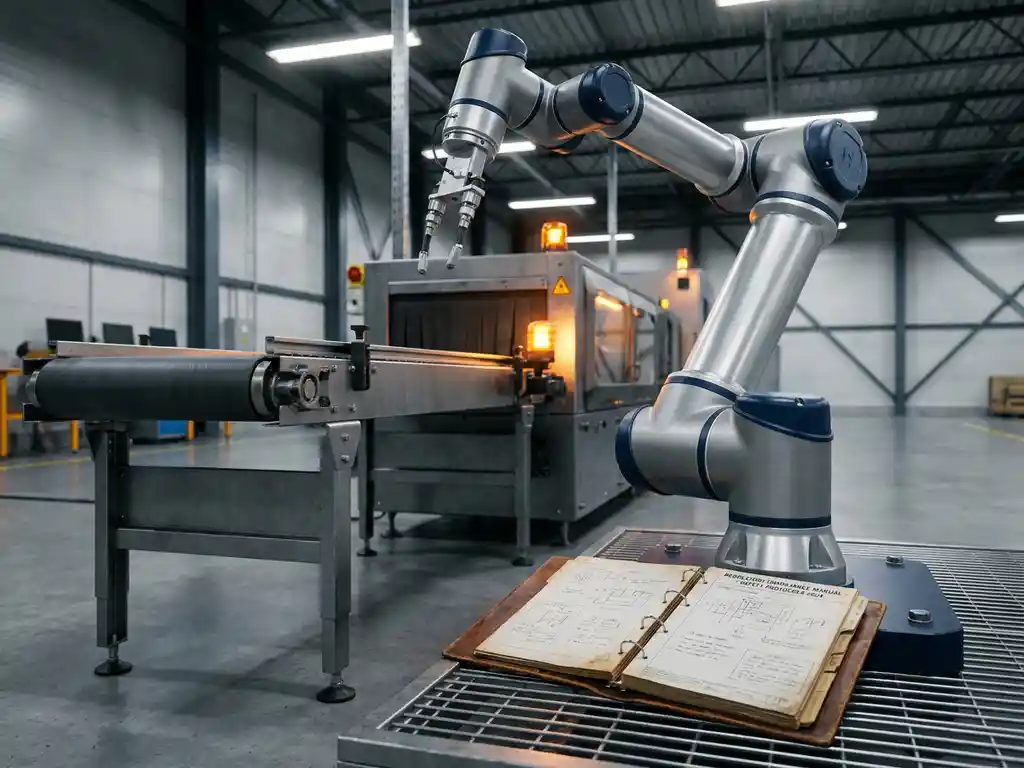 Industriële robotarm naast een zware transportband op glanzende fabrieksvloer, met een open nalevingshandboek aan de basis.