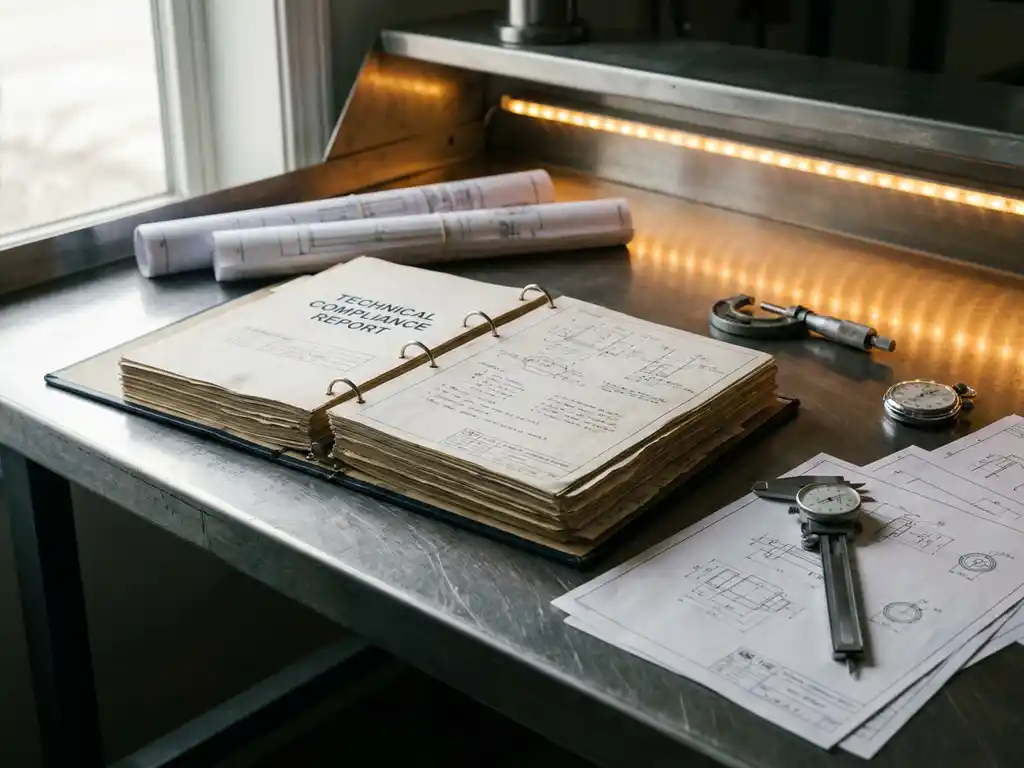 Open technisch compliance-dossier op stalen bureau, omgeven door tekeningen, kalibratie-instrumenten en stopwatch in blauw-grijze industriële omgeving.