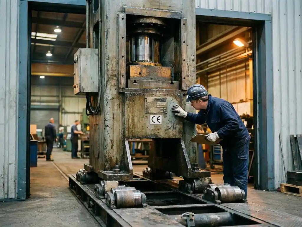 Ingenieur met klembord inspecteert CE-keurmerkplaat op grote hydraulische pers tijdens fabrieksoverdracht.