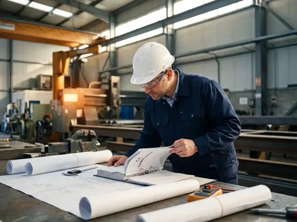 Veiligheidsadviseur met witte helm bestudeert CE-compliance dossier op industrieel bureau met technische tekeningen en meetinstrument.