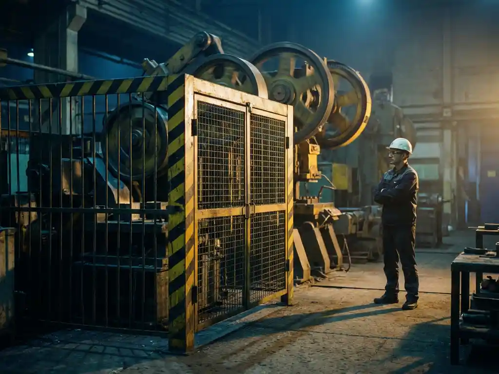Industriële machinebeveiliging met geel-zwarte gevaarsmarkering rond draaiende componenten, ingenieur met witte helm op veilige afstand.