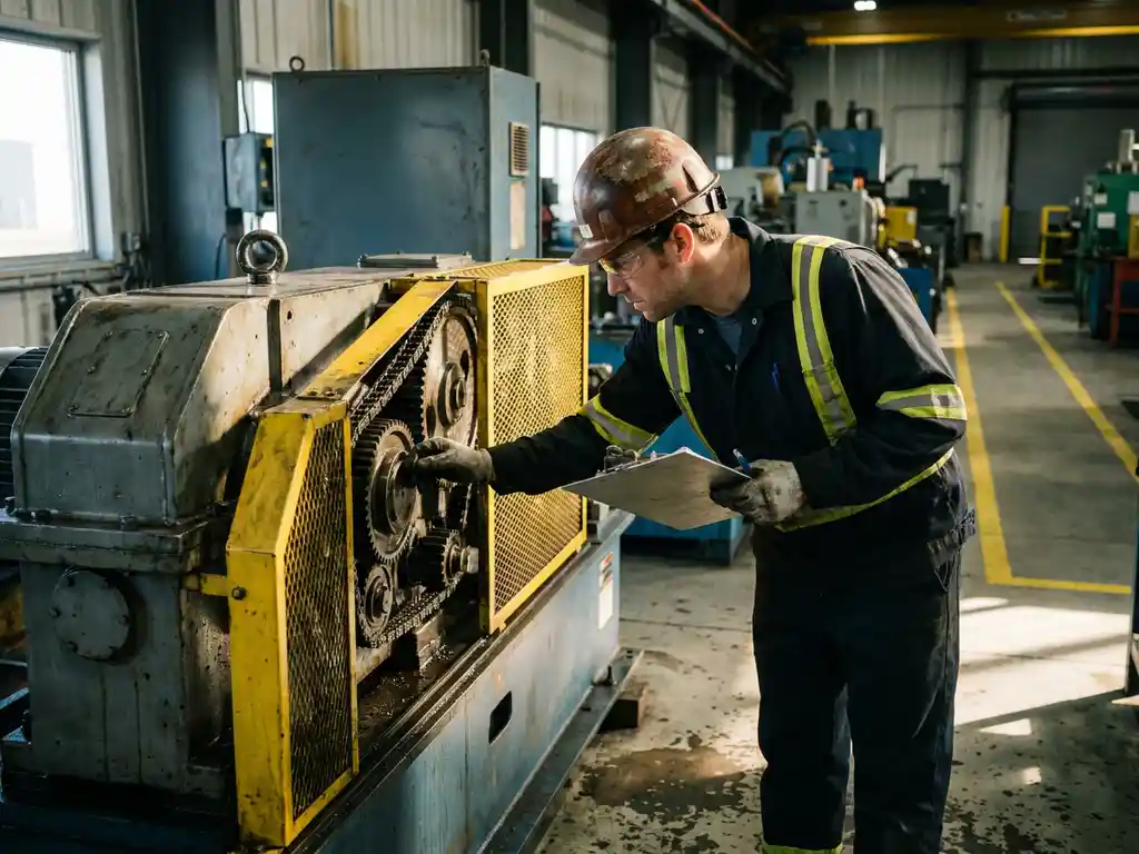 Veiligheidsingenieur met helm en klembord inspecteert roterende onderdelen en veiligheidsafschermingen van industriële machine.