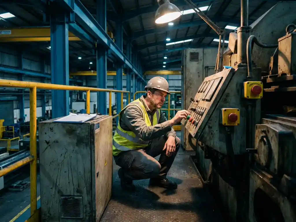 Veiligheidsingenieur inspecteert industrieel bedieningspaneel met risicobeoordelingsklembord op fabrieksvloer met noodstopknoppen.