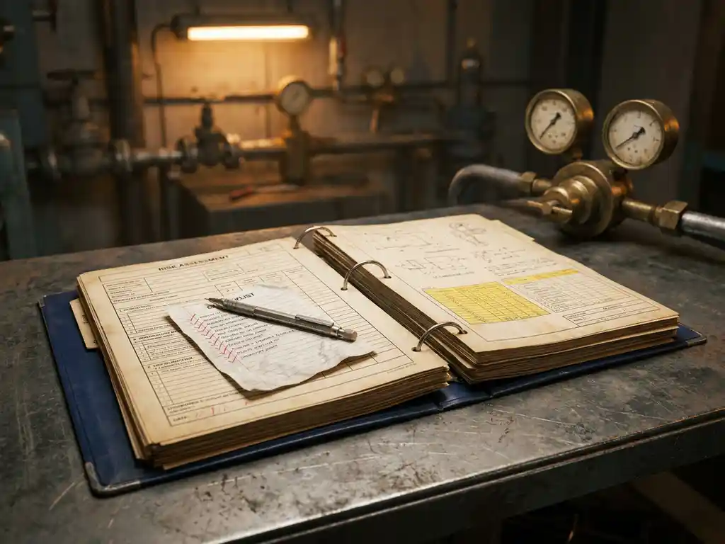 Open veiligheidsmap met risicobeoordeling formulieren en technische diagrammen op stalen bureau, met mechanisch potlood en rood gemarkeerde checklist.