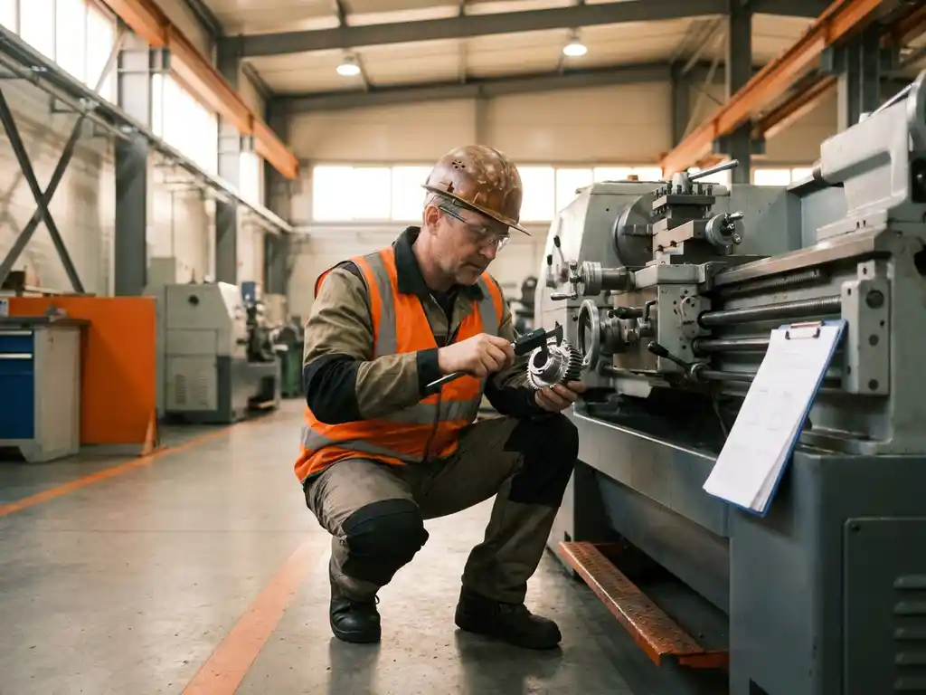 Werktuigbouwkundig ingenieur met helm meet metalen component bij industriële machine op fabrieksvloer.