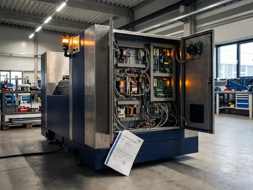 Industriële machine met open behuizing toont bedrading en circuitcomponenten, CE-certificeringsdocument tegen de basis op fabriekslocatie.
